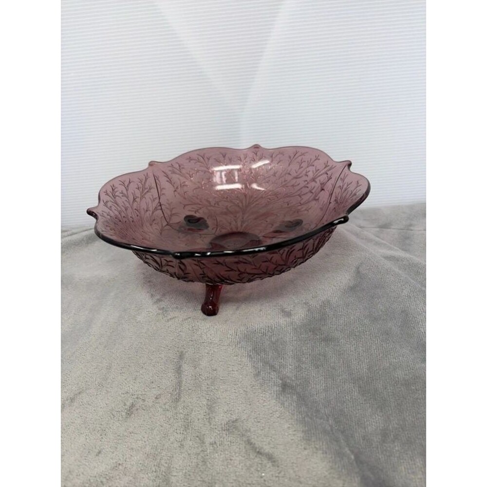 Vintage Fenton Amethyst Silvertone Wisteria 3 Footed Bowl 1930s Art Glass